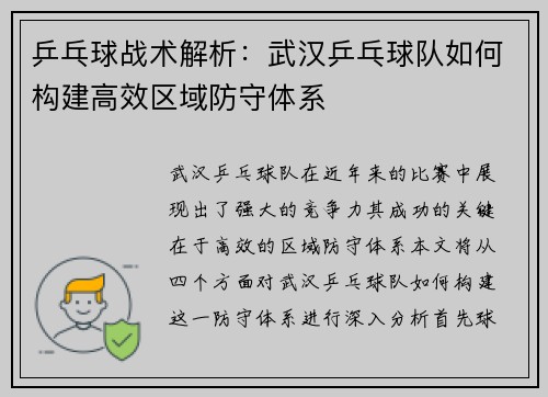 乒乓球战术解析：武汉乒乓球队如何构建高效区域防守体系